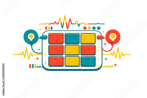 A stylized vector illustration of a retro electronic music drum pad