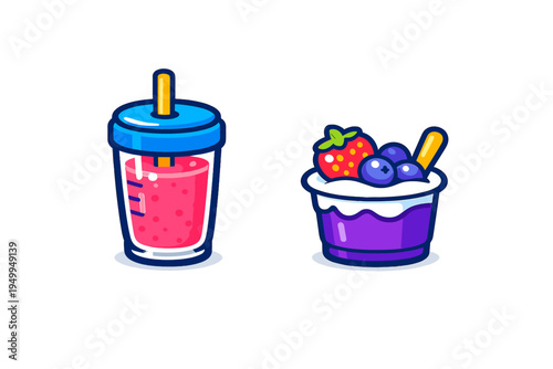 A vector illustration featuring a pink fruit smoothie in a cup with a