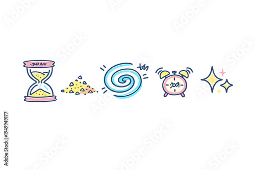 A collection of hand-drawn vector icons featuring an hourglass, a