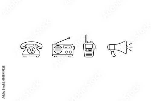 A set of four minimalist line art icons representing communication