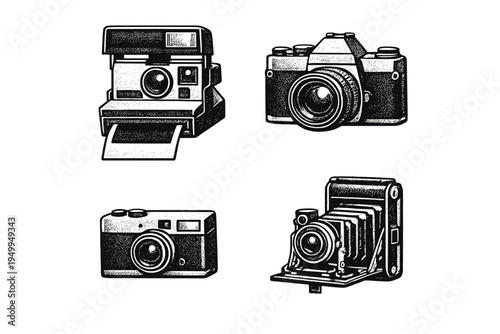 A collection of four vintage camera illustrations in a black and