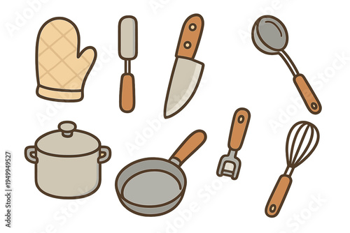 A collection of kitchen utensils and cookware icons including a pot