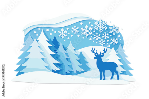 A winter landscape in a layered paper cut style featuring a blue deer