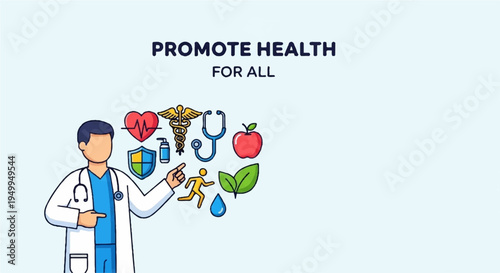 Doctor promoting health and wellness with medical symbols and healthy lifestyle choices