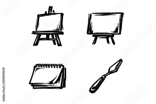 A set of four hand-drawn art supply icons featuring an easel with