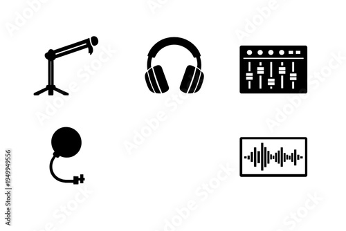 A set of black flat icons representing professional audio recording