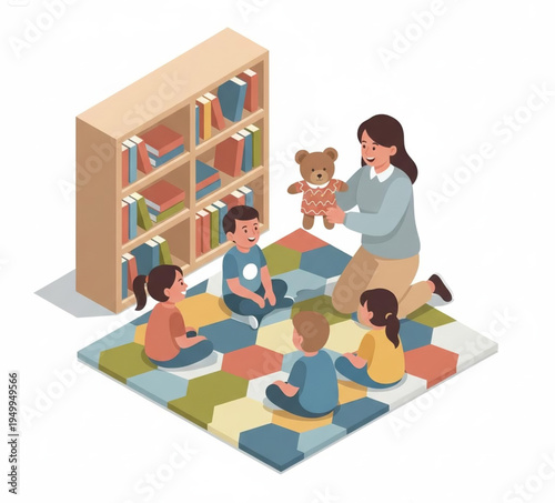 Engaging early learners A caring teacher fostering imagination and literacy with a teddy bear during an interactive story time session for young children in a vibrant educational setting