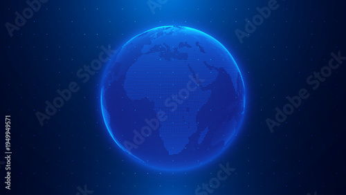 Digital Globe Network Showing Connected Earth Data Points in Blue Tech Visualization. Modern Global Data Representation with Particle Connections.