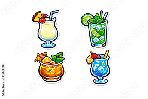 A collection of four colorful cocktail stickers featuring tropical
