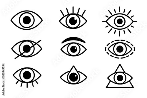 Set of nine stylized black and white eye icons in a minimalist line