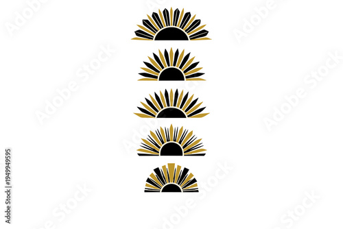 A collection of five Art Deco inspired sunburst and rising sun motifs