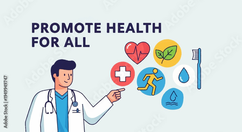 Foto Doctor promoting health and wellness with medical symbols and icons for global h