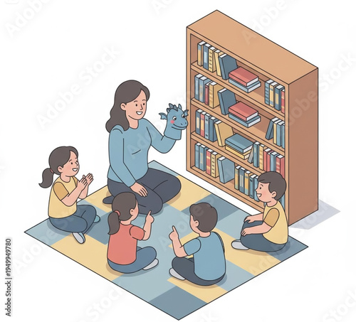 A teacher with a dragon puppet tells a story to children sitting on the floor in front of a bookshelf