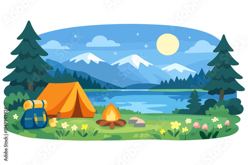 A peaceful camping scene at night featuring an orange tent, a glowing