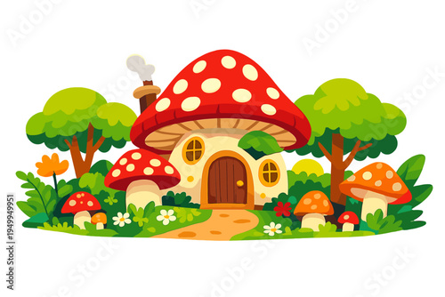 A whimsical cartoon mushroom house with a red polka dot roof, nestled