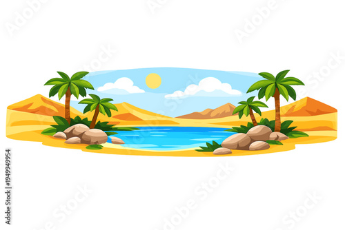 A vibrant vector illustration of a desert oasis featuring a clear