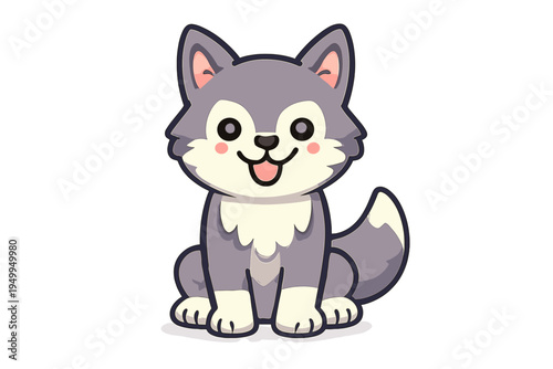 Cute cartoon husky or wolf puppy sitting and smiling with its tongue
