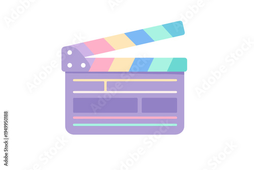 A 3D movie clapperboard icon with a pastel rainbow color palette