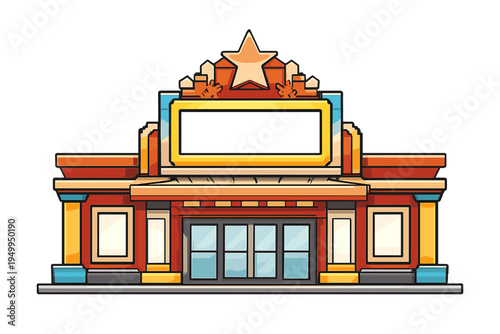 A stylized vector illustration of a classic movie theater building