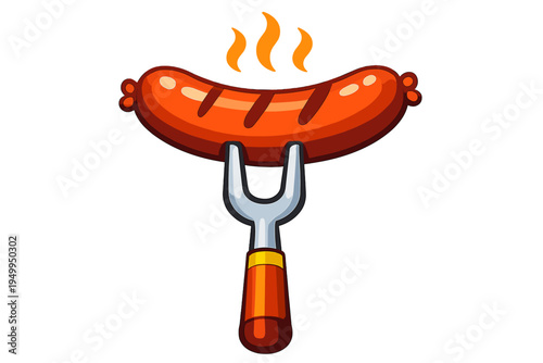 A vector illustration of a grilled sausage with dark grill marks held
