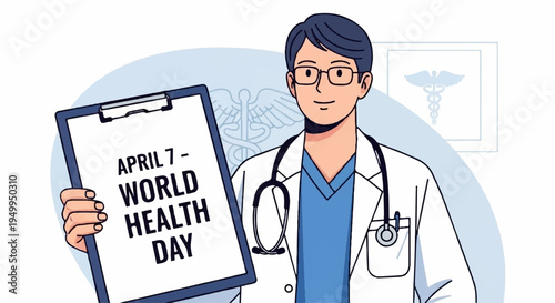 Smiling doctor holding clipboard with world health day sign blue shirt white coat stethoscope promoting health awareness on april 7th