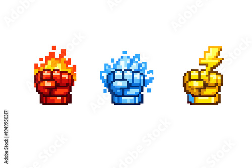 A set of three pixel art icons featuring clenched fists imbued with