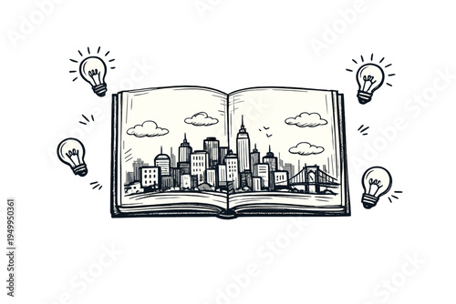 A hand-drawn sketch of an open book featuring a detailed city skyline