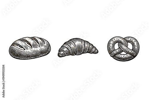 Set of hand-drawn bakery products including a loaf of bread, a