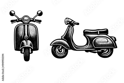 Black and white vector illustration of a vintage motor scooter shown