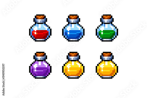 A collection of six pixel art potion bottles in various colors