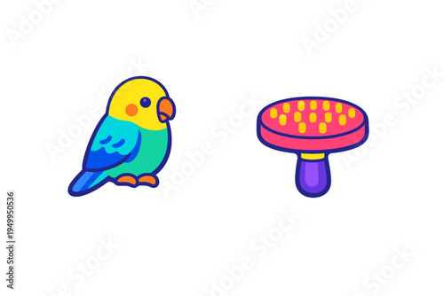A vector illustration of a colorful budgie parakeet and a pet