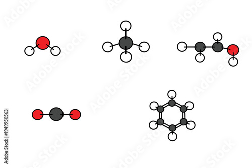 A collection of five common molecular structures including water