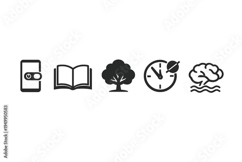 A set of five black icons representing digital detox and mental