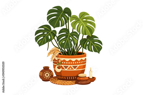 A bohemian-style vector illustration featuring a Monstera deliciosa