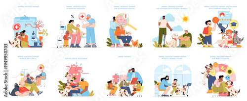 Diverse Animal-Assisted Therapy Sessions Vector Illustration