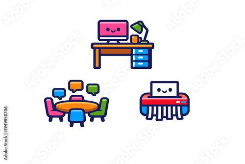 A collection of cute office icons featuring a desk with a computer, a
