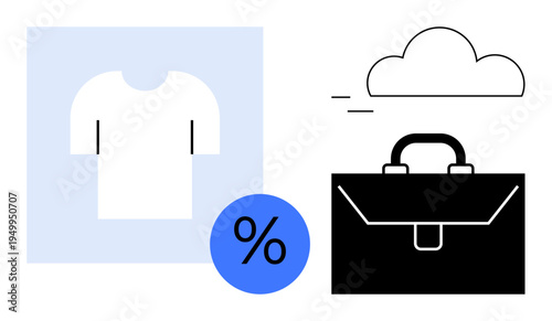 Online shopping, retail sales, business, cloud storage, discount pricing, e-commerce tools. T-shirt graphic, cloud percentage icon and briefcase symbols. Retail sales and business setup topics