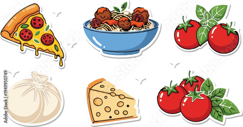 Hand Drawn Italian Food Vector Collection. Isolated Pizza Slice, Spaghetti, Tomatoes, Mozzarella, and Cheese. isolated PNG with Transparent Background