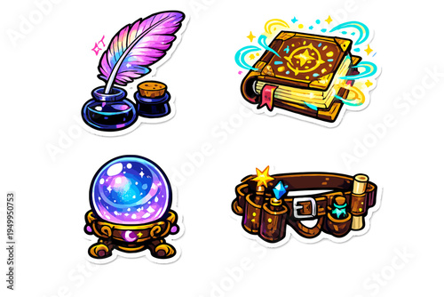 This vector set features magical wizard items including a glowing
