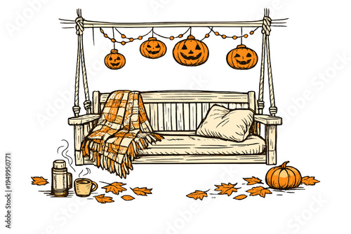 Cozy autumn porch swing illustration featuring hanging