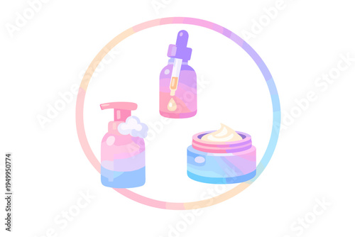 A set of skincare products including a serum dropper bottle, a pump