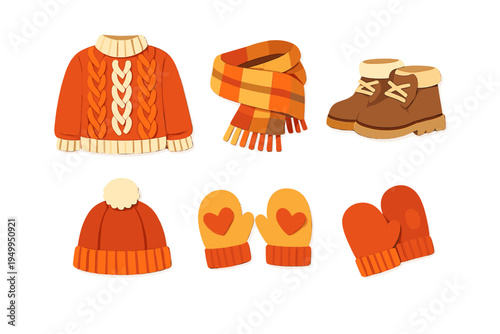 Vector illustration of winter apparel set featuring a cable-knit