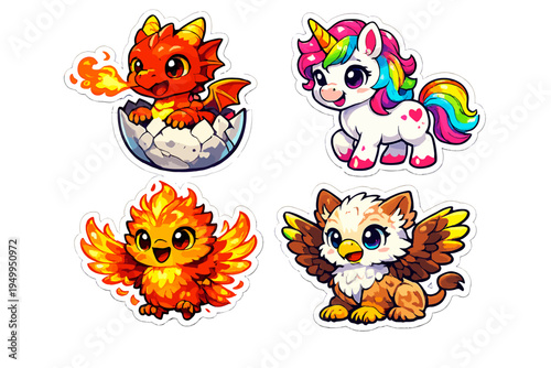 A set of four cute mythical creature stickers featuring a baby dragon