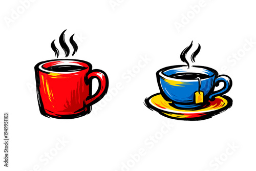 A hand-drawn illustration featuring a red mug of steaming black