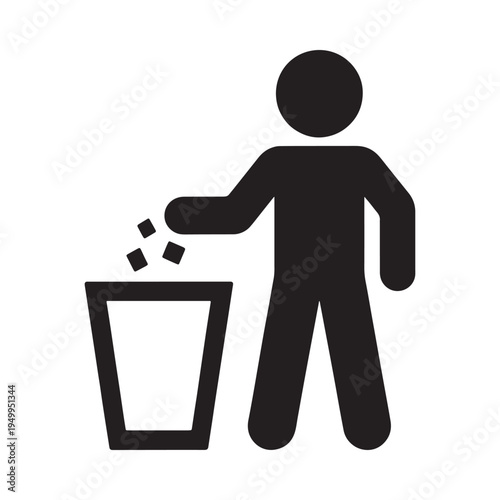 Simple black icon depicts a person discarding waste into a trash bin