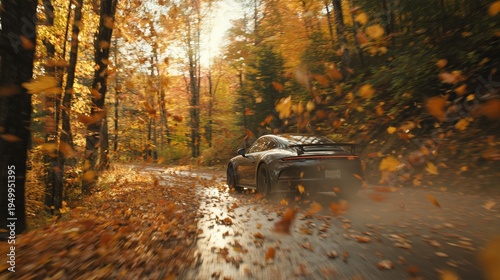 Porsche 911 gt3 driving quickly down a forest road featuring blurred motion and autumn leaves