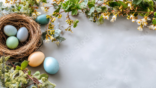 Colorful Easter eggs nestled in a natural nest surrounded by fresh greenery on a soft gray surface, celebrating the joy of spring and renewal during the Easter season