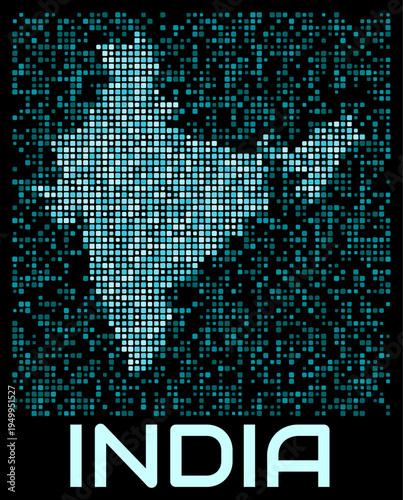 India digital dotted map. Shape of the country in cyan color palette on dark background. Futuristic India map design. Vector illustration.
