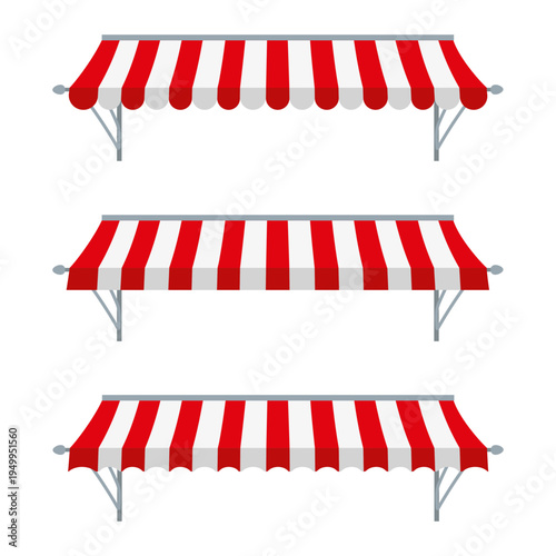 Set of red and white striped awnings with various decorative edges and support frames, isolated on white.