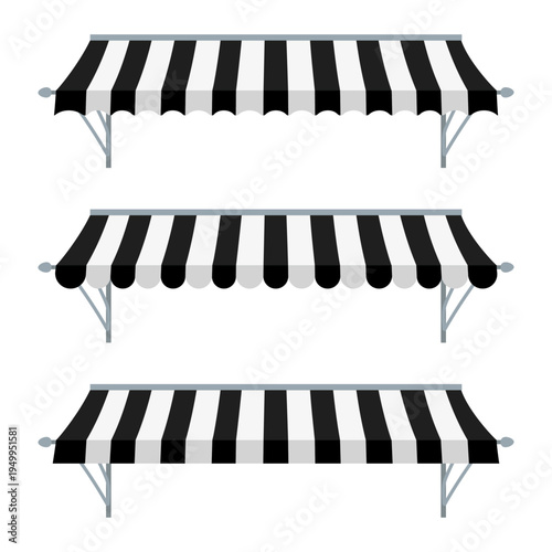 Three distinct black and white striped awnings with support frames and varying decorative bottom edges.